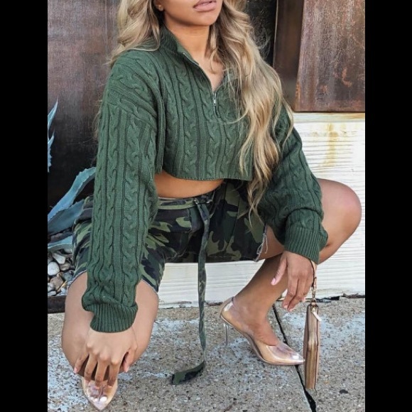 Crop Stylish Turndown Collar Half Zip Up Long Sleeve Army Green Sweater - Picture 1 of 7